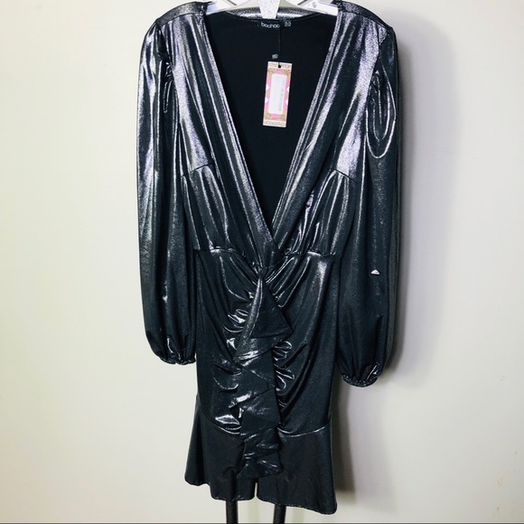 BOOHOO NWT Mini dress gunmetal grey, metallic long sleeves, deep V- neck SZ 8 - Picture 4 of 11